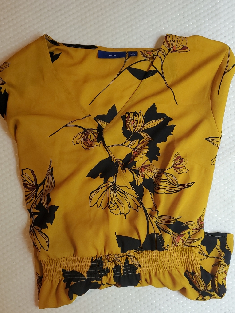 Apt. 9 Mustard Yellow Floral Wrap-Style Short Sleeve Top